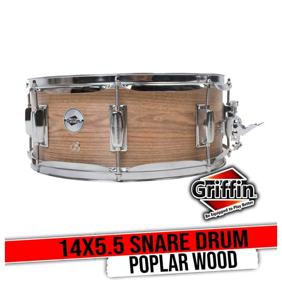Griffin Snare Drum - Oak Wood PVC on Poplar Wood Shell 14" x 5 - 5" Percussion Musical Instrument with Drummers Key for Students & Professionals 8 Tuning Lugs & Snare Strainer