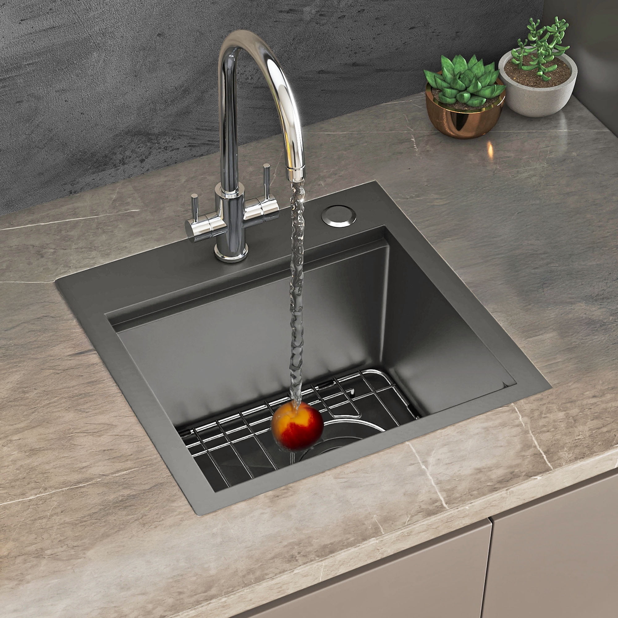 Uforic Drop-in Gunmetal Black Kitchen Sink Workstation with Cutting Board & Accessories, 15x15x9 in