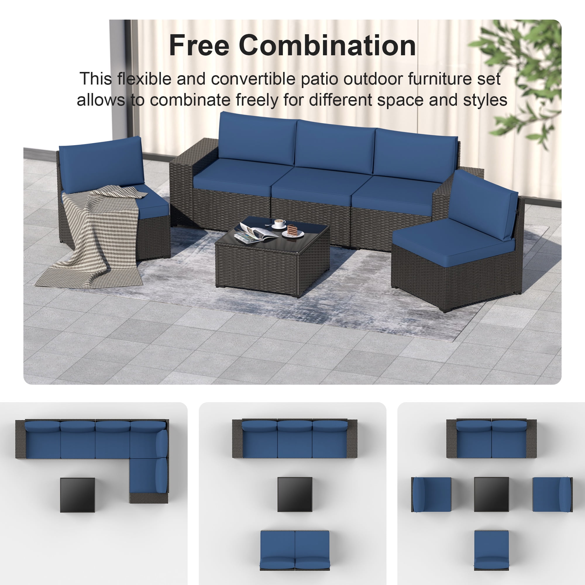 GOJOOASIS 6 Pieces Patio Furniture Set Outdoor PE Wicker Rattan Sectional Conversation Sofa,Blue