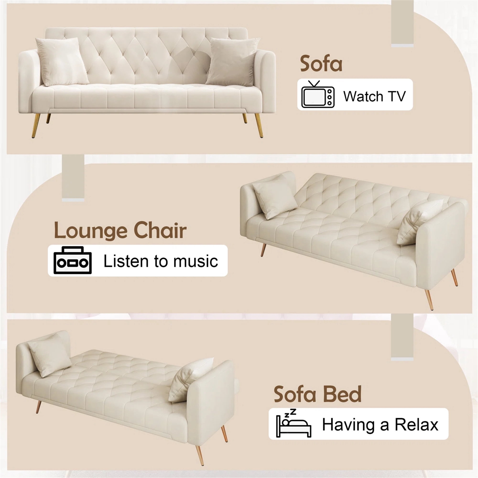 Aukfa Curved Arm Futon Convertible Sofa Bed for Home Office, 2 Pillows, Tufted Back, Velvet, Beige