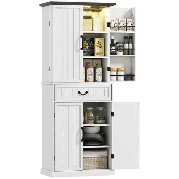 HOMCOM Farmhouse Kitchen Pantry Cabinet with Light, Storage Cabinet, White