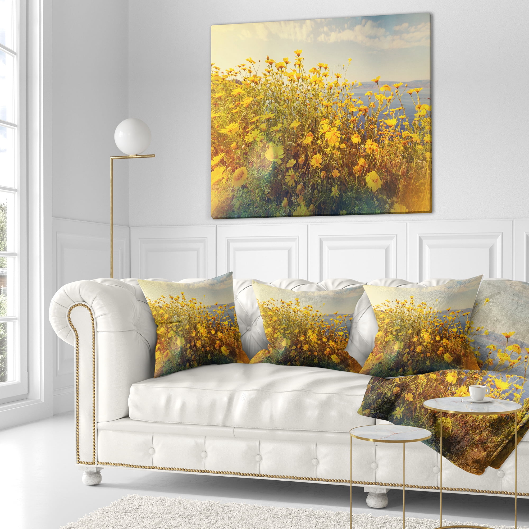 Designart Wild Yellow Flowers Meadow - Floral Throw Pillow - 18x18