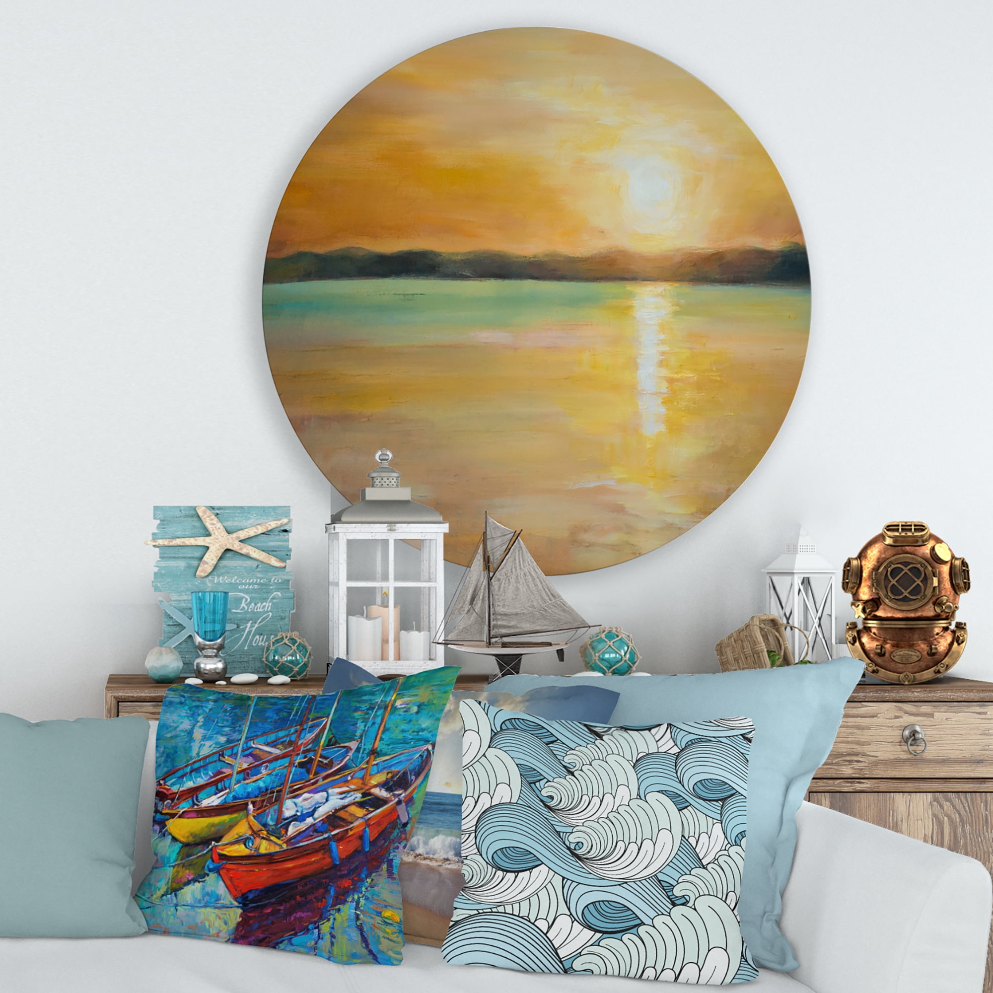 Designart 'Abstract Yellow Sunset At The Horizon' Nautical & Coastal Circle Metal Wall Art 29x29 - Disc of 29