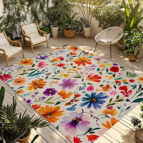 Fsddascl Spring Flowers Outdoor Rug for Patio/Deck/Porch, Non-Slip Large Area Rug 6 x 9 Ft, Beige Retro Floral Country Botanical Indoor Outdoor Rugs Washable Area Rugs, Reversible Camping Rug Carpet