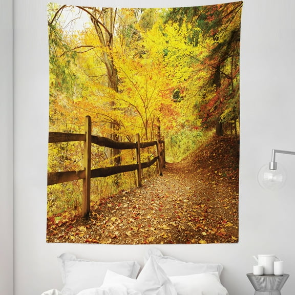 Landscape Tapestry, Autumn Season Fall Trees Leaves on Pathway to Forest with Fence Photo, Fabric Wall Hanging Decor for Bedroom Living Room Dorm, 5 Sizes, Ginger Yellow Marigold, by Ambesonne