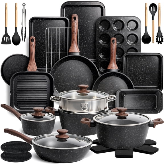 Kikcoin 34-Piece Pots and Pans Set, Dishwasher-Safe Non Stick Pots and Pans with Utensils, Premium Bakeware and Cookware Set for Kitchen, Black