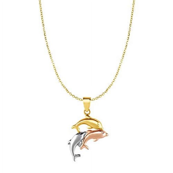 JewelStop 10k Tri Color Gold Dolphin Pendant On Cable Chain Necklace, Lobster Clasp - 18 inches, 1.75gr.