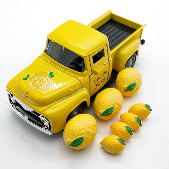 Farm Fruit Truck Decoration,Summer Vintage Farmhouse Metal Trucks Pickup Lemon Tiered Tray Decor for Tabletop Kitchen Centerpiece, Farm Truck with 7 Peice Fake Lemons Ornament Decor