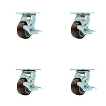 4 Inch SS Polyurethane Swivel Caster Set with Ball Bearings and Brakes SCC