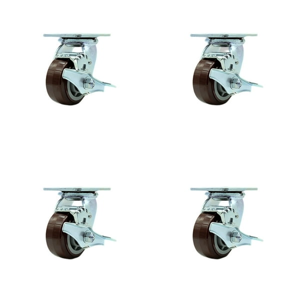 4 Inch SS Polyurethane Swivel Caster Set with Ball Bearings and Brakes SCC