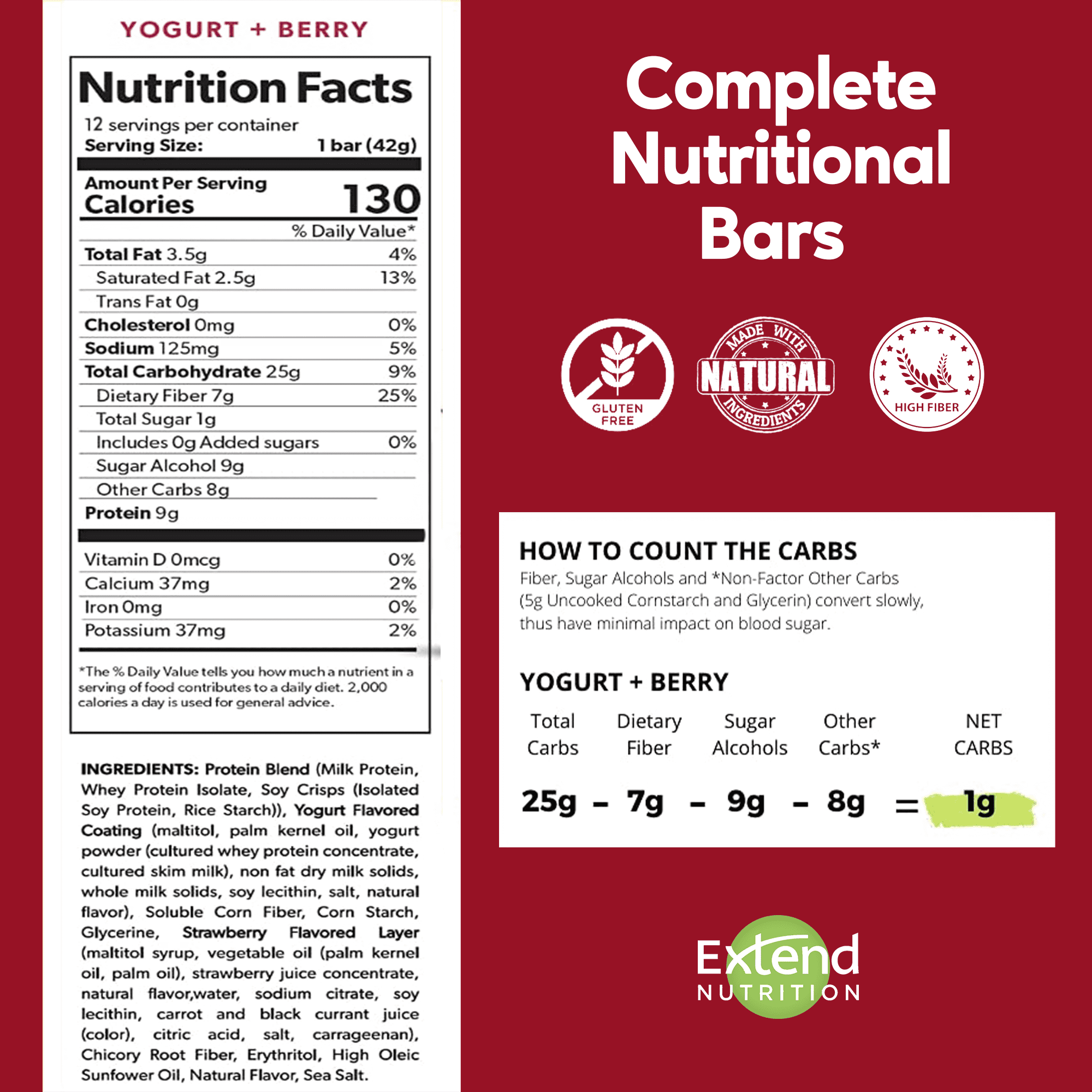 Extend Nutrition Protein Bar, Low Carb, Gluten Free Snacks, Yogurt & Berry, 12 Count