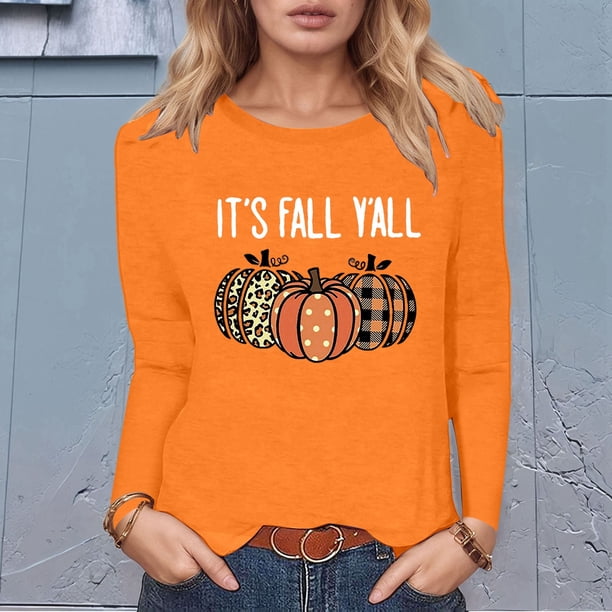MHFRRA Camiseta de Manga Larga con Cuello Redondo y Estampado de Calabaza de Halloween Naranja