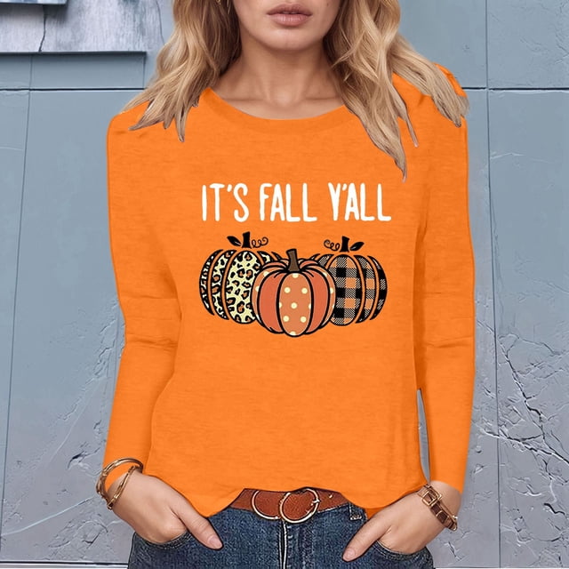 MHFRRA Camiseta de Manga Larga con Cuello Redondo y Estampado de Calabaza de Halloween Naranja