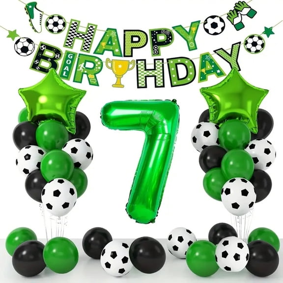Soccer Birthday Party Decorations, Sports Themed Decorations Supplies with Latex Balloons Happy Birthday Banner Cake Toppers Foil Balloon Number 7 for Boys Men Sports Theme Decor