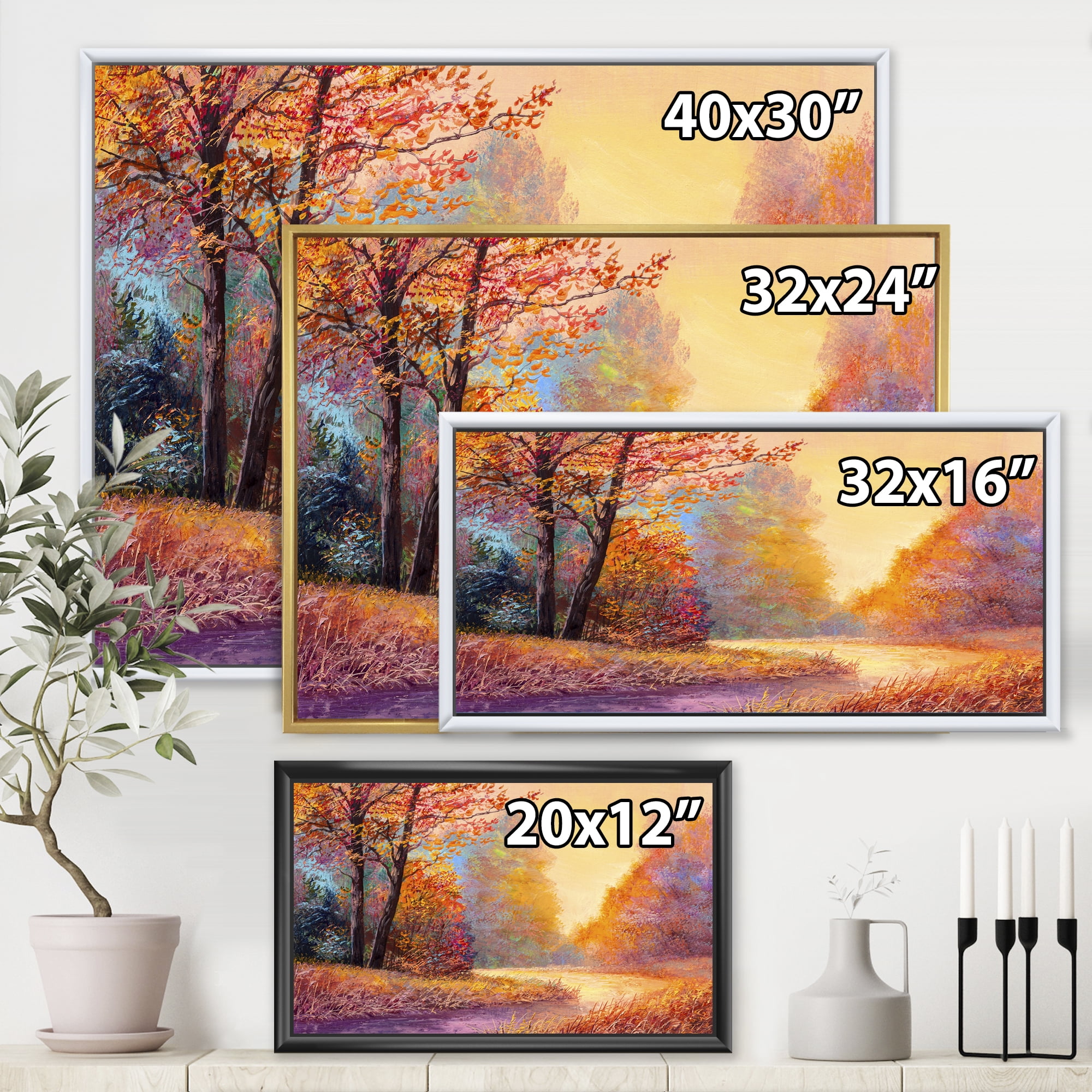 The Autumn Forest Orange Leaves Landscape With Path 32 in x 16 in Framed Photography Canvas Art Print, by Designart