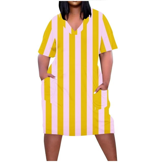 Pisexur Robes d'Été pour Femmes Mode à Imprimé Floral Robe Soleil Décontractée Ample à Col en V à Manches Courtes Robes T-Shirt Fluides Surdimensionnées Robe de Plage avec Poches Grande Taille Robe Mi-Mollet L-5TG