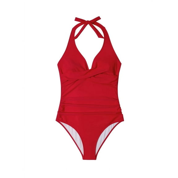 Women Tummy Control  Swimsuits Halter Push Up Bathing Suits Red L