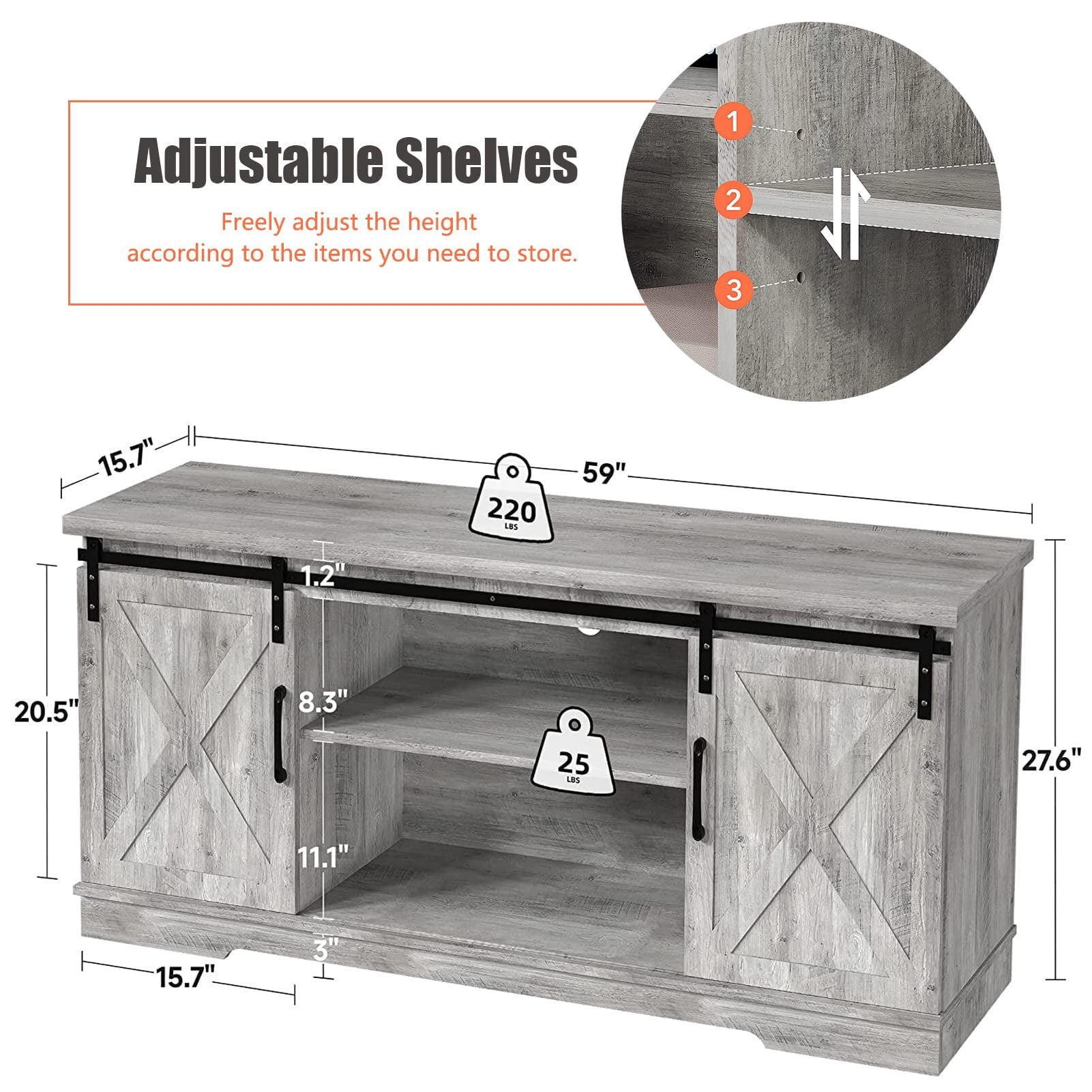 DSstyles Farmhouse TV Stand for 65 inch TV, Farmhouse Entertainment Center, Sliding Barn Door TV Stand, 58 inch TV Console Table, Home Living Room Wood TV Stand with Movable Shelf