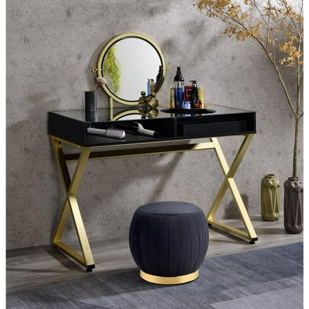 Acme Furniture ACME Coleen Glass Top Vanity Desk with Jewelry Tray in Black and Gold
