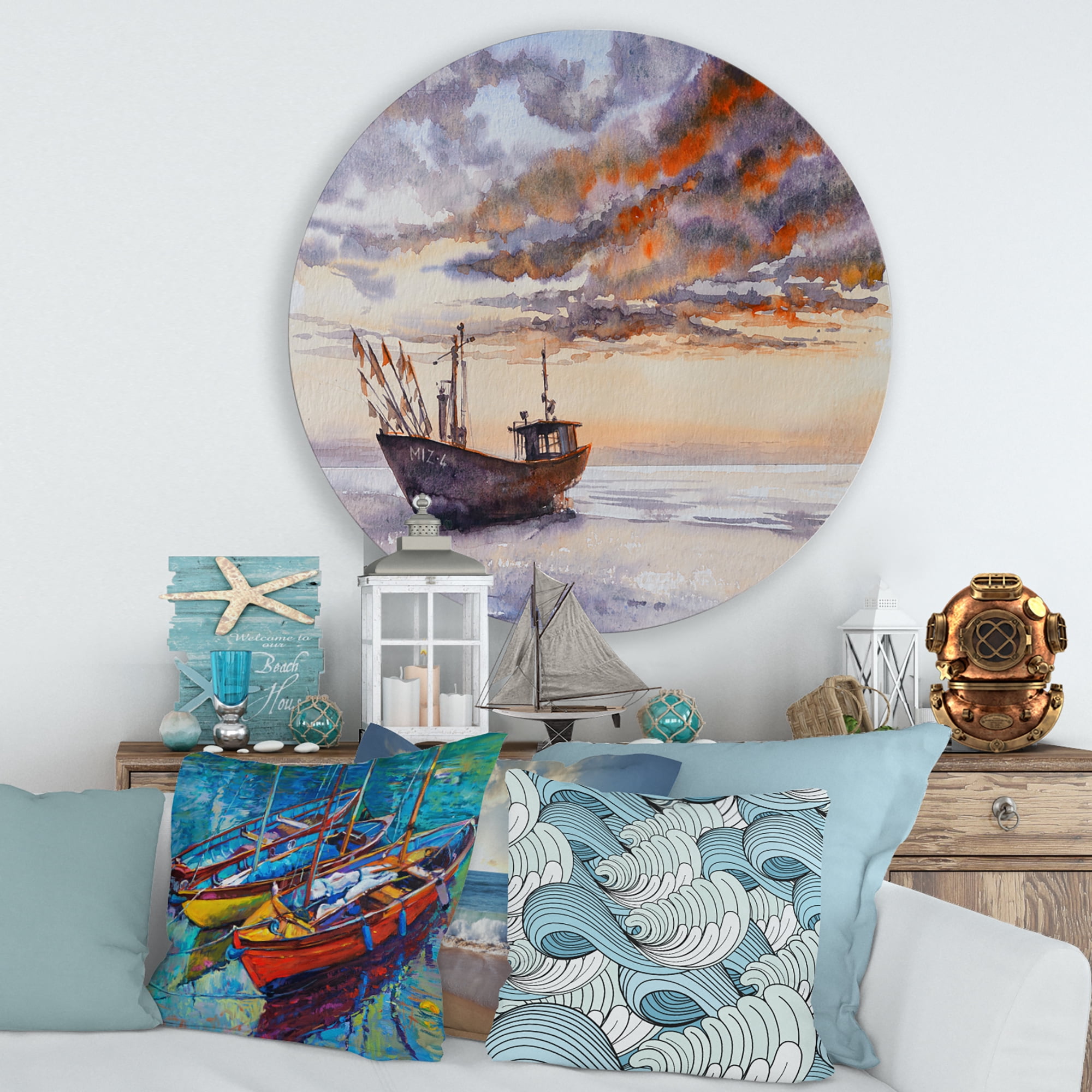 Designart 'Wooden Fishing Boat On The Baltic Shore With Evening Clouds' Nautical & Coastal Circle Metal Wall Art 36x36 - Disc of 36