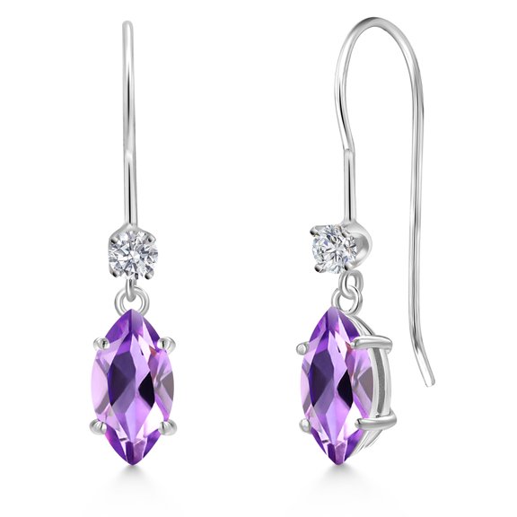 Gem Stone King 14K White Gold Purple Amethyst and Lab Grown Diamond Earrings for Women | 0.95 Cttw | Gemstone February Birthstone | Marquise 8X4MM