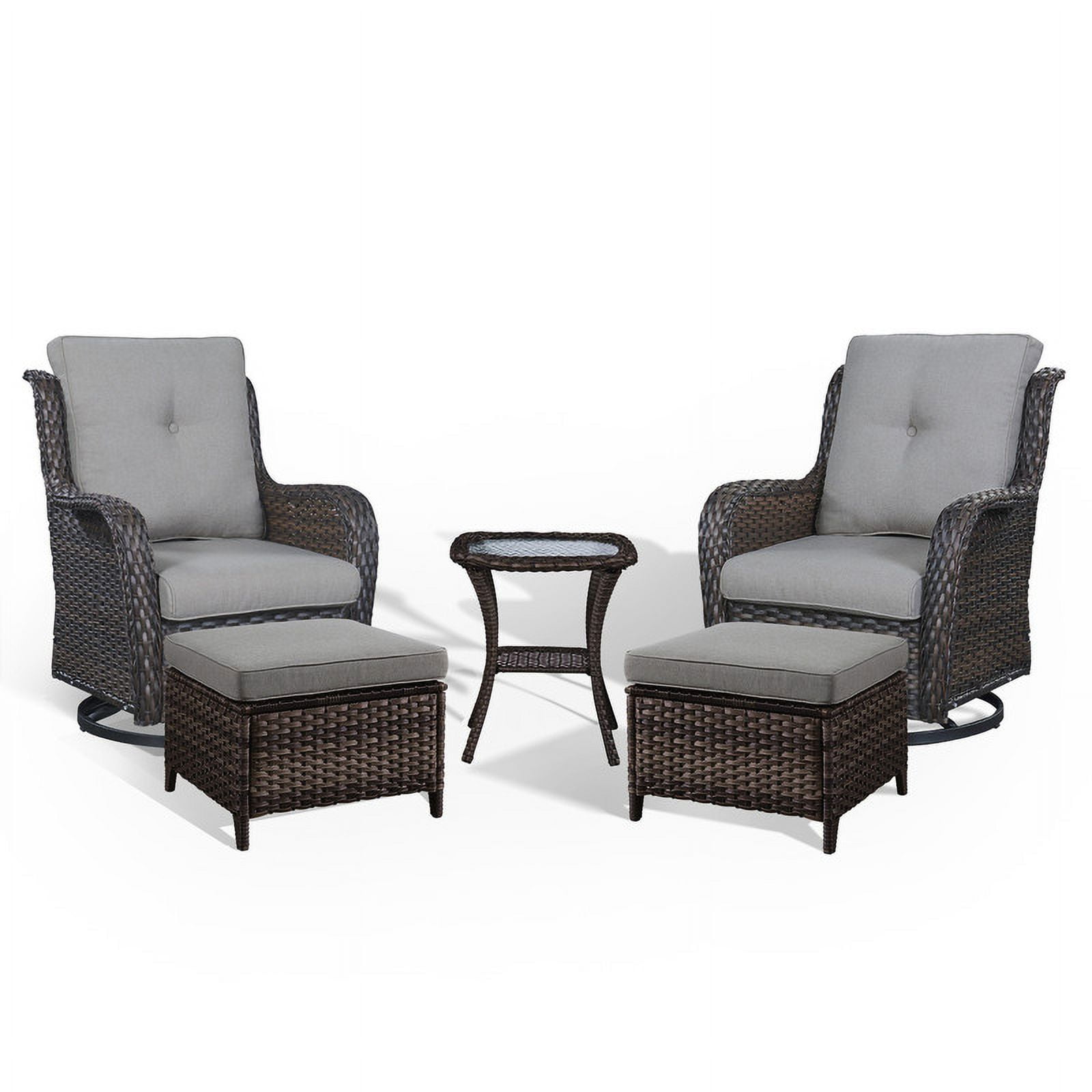 PARKWELL 5-Piece Outdoor Conversation Sets,Wicker Swivel Gliders with Ottomans,Side Table,Patio Seating Furniture with Gray Cushions,Brown Wicker
