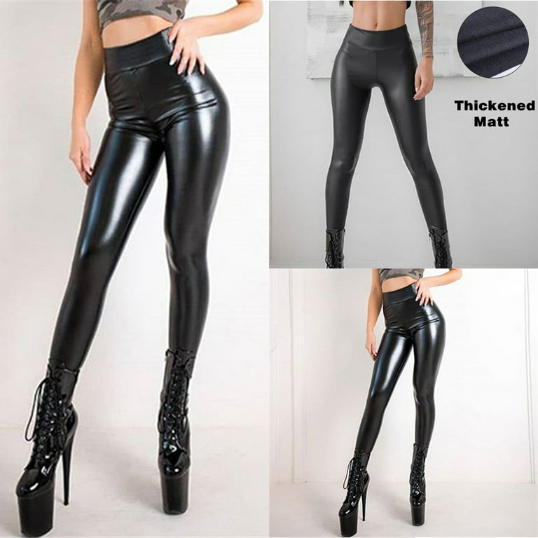 YIWEI Women Fashion PU Leather Pants Stretchy High Waist Leggings Wet Look  Clubwear Glossy 5XL 