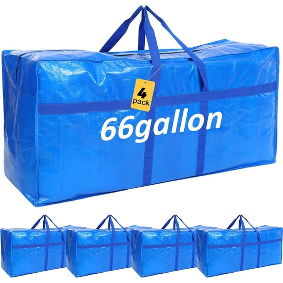 4 Pcs 66 Gallon Large Moving Bags with Zipper and Handles Foldable Storage Duffle Bags Heavy Duty Extra Large Totes for College Dorm Travel Clothes Blankets Bedding Moving (Blue)