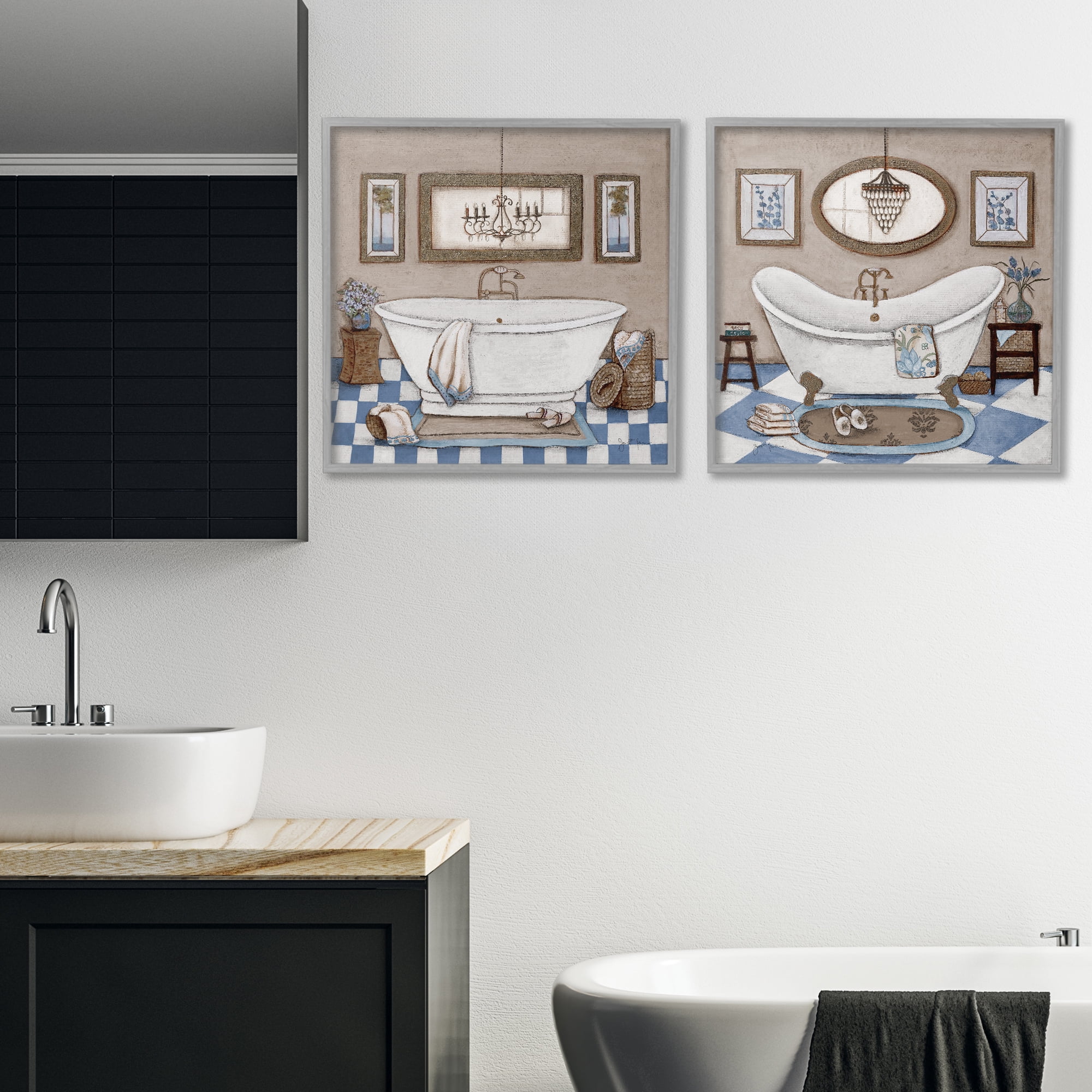 Stupell Industries Tiled Bathroom Views 2 Piece Gray Framed Giclee Art Set, design by Janet Tava
