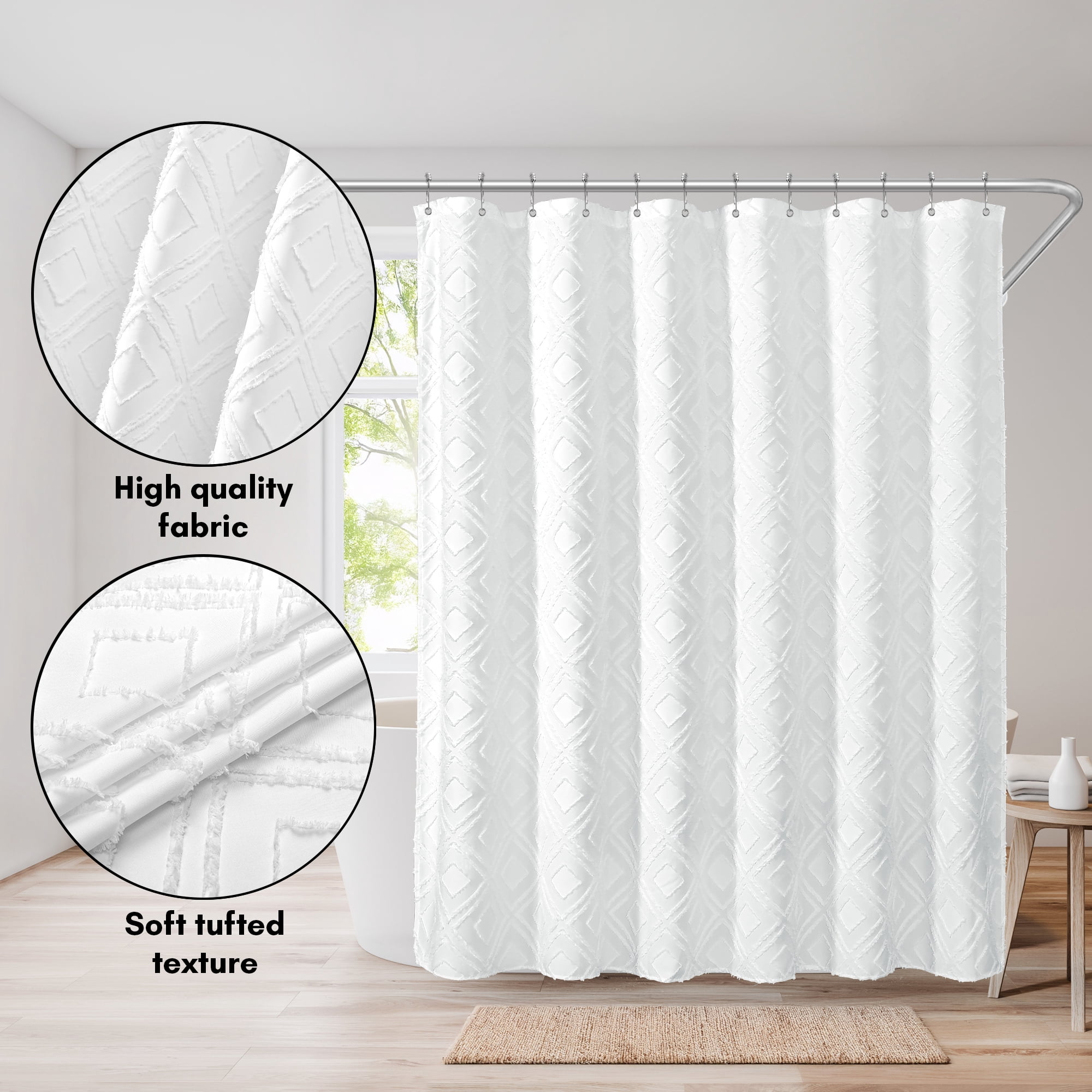 Americanflat 71x71 White Woven Shower Curtain with Tassel And Diamond Accents - Includes 12 Grommets and Hooks - 100% Polyester