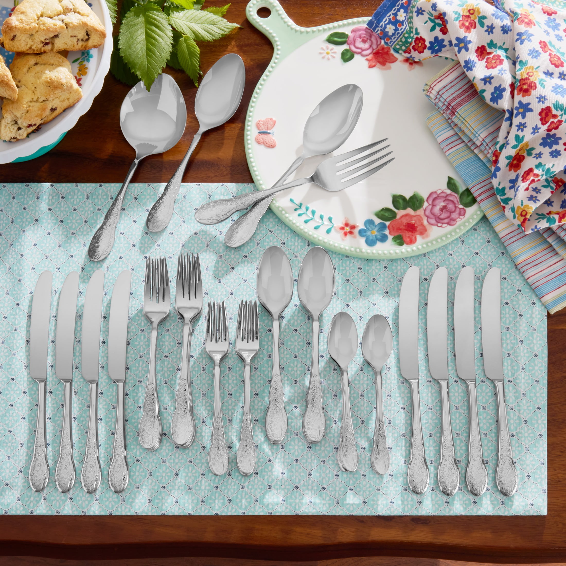 The Pioneer Woman Mazie 44-Piece Stainless Steel Flatware Set, Silver