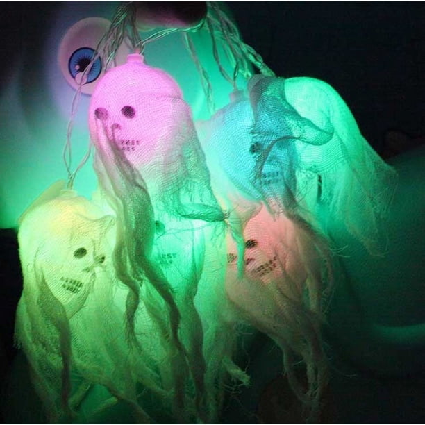 Xihbxyly Guirnalda de Faroles de Calavera para Halloween, 10 Luces Led con Gasa, Impermeable y Duradera, Decoración Espeluznante para El Hogar y El Jardín, Perfecta para El Día de Todos Los Santos, 2