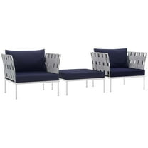 Modern Contemporary Urban Design Outdoor Patio Balcony Three PCS Chairs and Side Table Set, Navy Blue White, Rattan