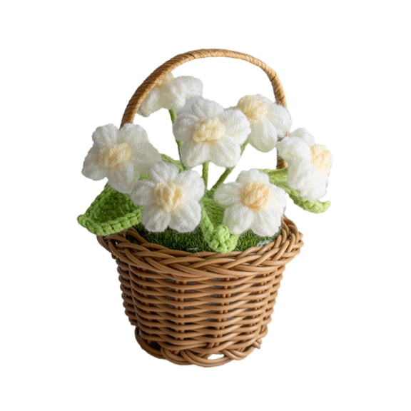 Crochet Flowers Basket Decoration Mini Knitted Flower Bouquet with Rattan Woven Baskets for Valentines Wedding Mom Day Tabletop Decor 3.5x5.5in