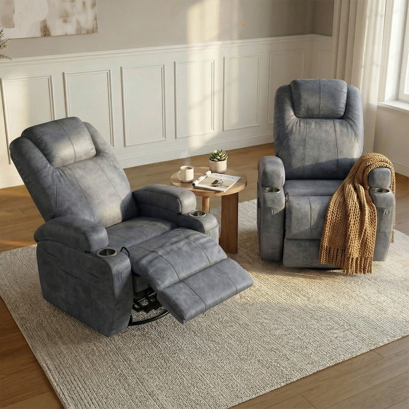 Homall 360° Swivel Rocking Recliner Massage Oversized Singal Sofa For Living Room Ergonomic High Backrest and Adjustable Recliner,PU Gray