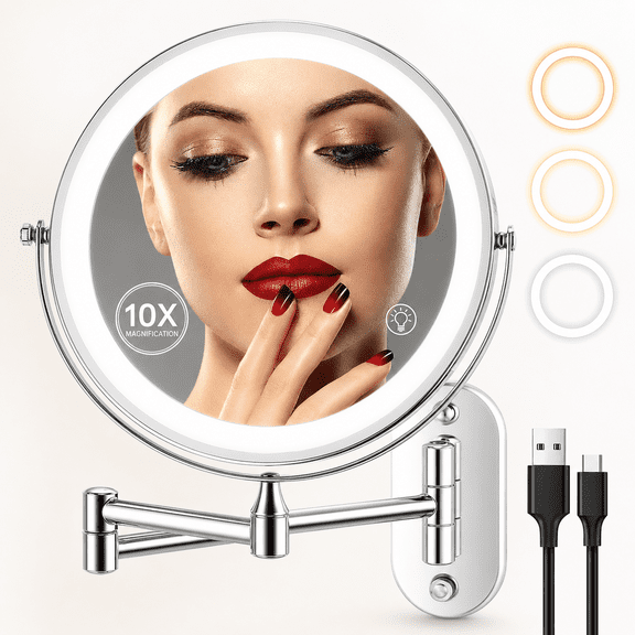 Fixdono Vanity Mirror with Lights, 8" Makeup Magnifying Mirror Double-Sided 1X/10X Magnifying- 3 Color Light, Touch Dimming, 360° Swivel, Extendable, Wall Mounted- Silver