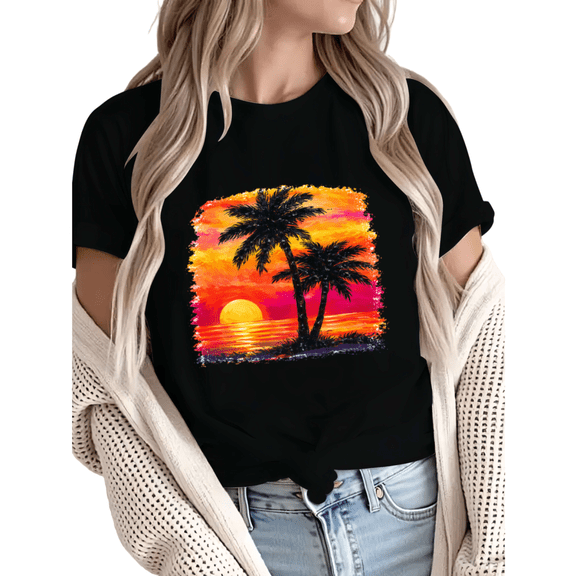 Giffimy Women's Watercolor Tropical Sunset Palm Tree Graphic Short Sleeve T-Shirt Casual Cotton Crewneck Top
