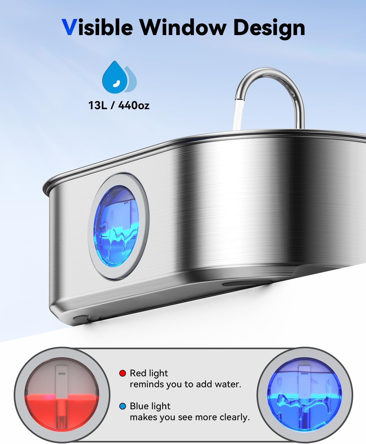 Stainless Steel Automatic Pet Water Fountain with 13L Capacity, Wide Drinking Area and Water Level Window for Large Dogs