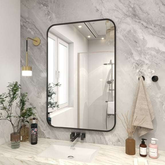 GLSLAND Bathroom Mirror for Wall 20" x 28" Hanging Mirrors with Rectangle Rounded Corners for Modern Bathroom, Bedroom, Living Room, Black