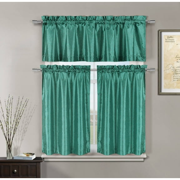 Serafina Home 3 Pc Kitchen Window Curtain Set: Faux Silk, Raised Pin Dots, Floral Design (Green)