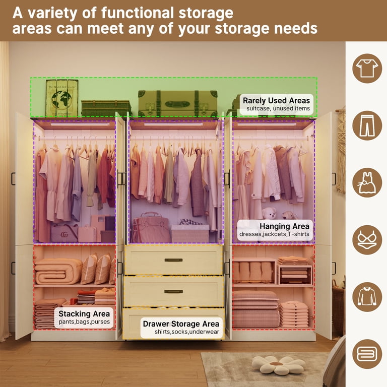 10 Door Armoire Wardrobe Closet for Bedroom with 3 Drawers, 75 inchh Wooden Armoire Wardrobe Set with LED Sensor Light & Hanging Rod, Farmhouse