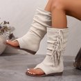 thumbnail image 4 of Womens Fringe Lace up Knee High Boots Flat Gladiator Caged Low Heeled Tassel Sandals Party Prom Flip Flops White Size 7, 4 of 7