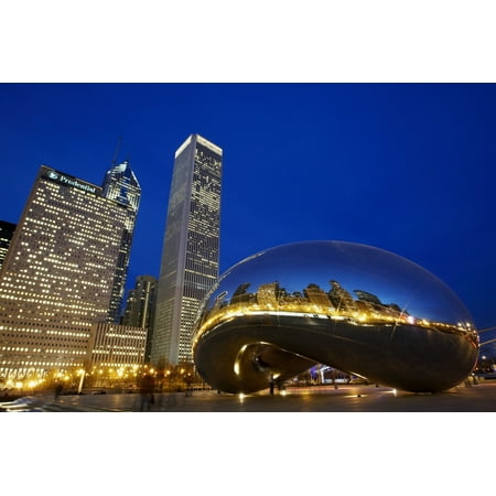 Skyscraper Sculptures - Cloud Gate (The Bean) Sculpture In Front Of Skyscrapers At Night ChicagoIllinoisUsa PosterPrint