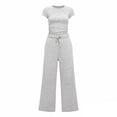 thumbnail image 3 of FchengtaiS Women's 2 Piece Outfits Lounge Sets Short Sleeve Ruched Tops and Wide Leg Pants Tracksuit Sets with Pockets, 3 of 7