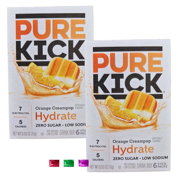 Pure Kick Orange Creampop Hydrating Drink Mix Packets (2 Boxes, 12 Total Servings) Zero Sugar Hydrate Electrolyte Powder, Low Calorie Water Flavor for Bottles & Tumblers