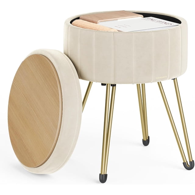 Songmics Taburete de tocador, Taburete otomano pequeño con Almacenamiento, de Terciopelo, 39.1 cm de diámetro x 44.5 cm de Alto, Color Blanco Crema, ULOM003W01,Crema Blanco