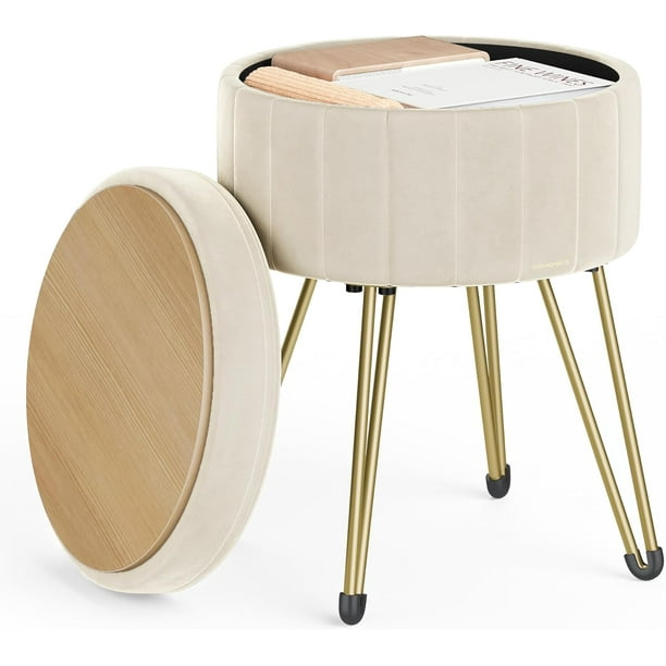 Songmics Taburete de tocador, Taburete otomano pequeño con Almacenamiento, de Terciopelo, 39.1 cm de diámetro x 44.5 cm de Alto, Color Blanco Crema, ULOM003W01,Crema Blanco