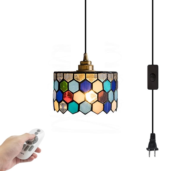 Kiven Plug in Pendant Light, Farmhouse Hanging Light Fixture with Remote and Glass Lampshade, E26 Socket Dimmable Pendant Light for Bedroom Hallway Kitchen, TB3237-B