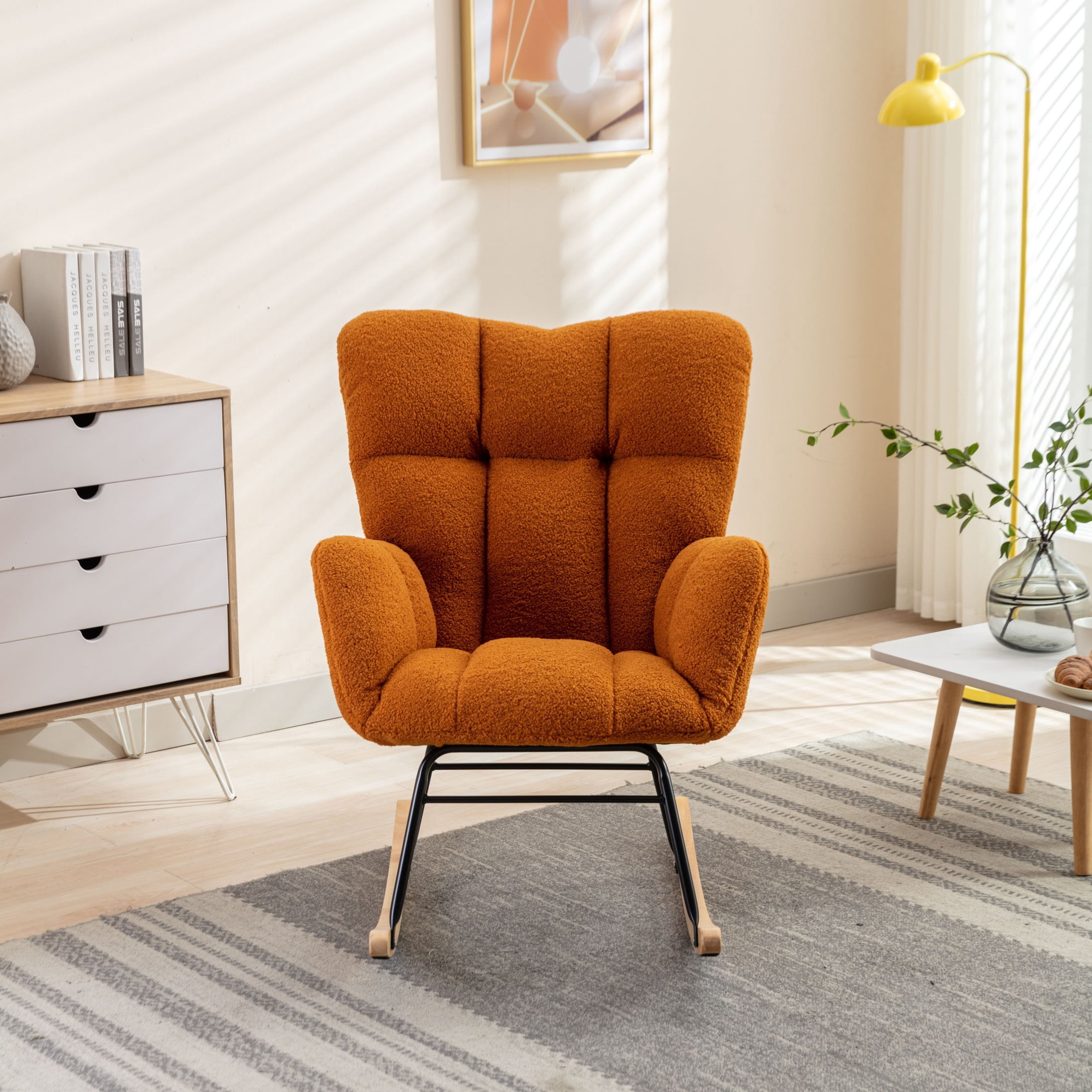 Noble House Takala 31" Teddy Fabric Rocking Glider Nursery Chair, Upholstered Accent Armchair for Living Room, Caramel