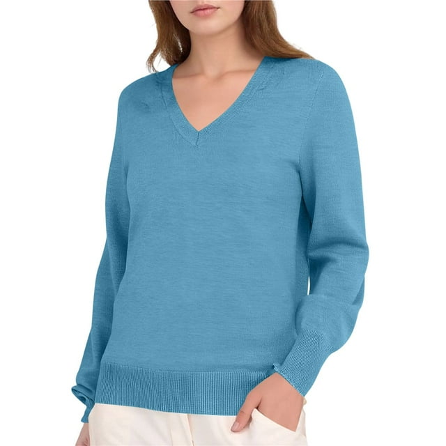 Suéter de Larga con Cuello en V para Mujer, Estilo Casual Clásico de Otoño, Suave y Holgado, Básico, Tipo Jersey Azul Tranquilo XXL